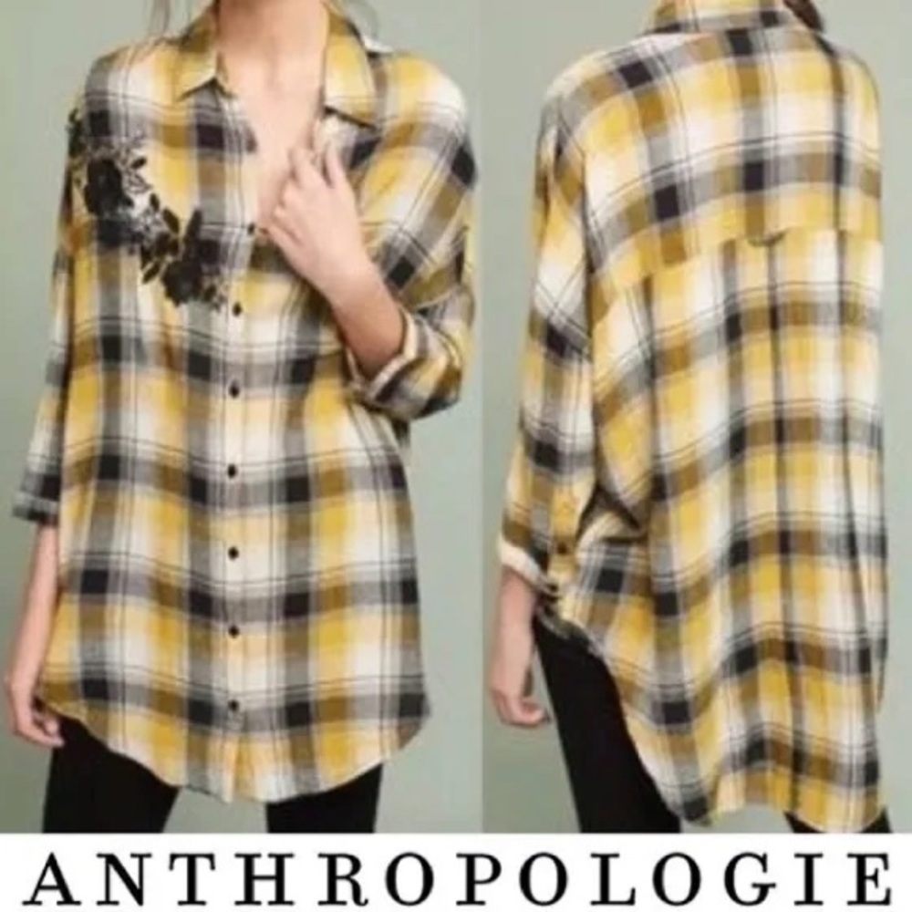 Anthropologie Maeve Yellow & Black Embroidered Plaid Oversized Button down Shirt